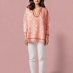 Saint Tropez West Coral Paisley Fringe V Neck Pullover Top Women’s Large